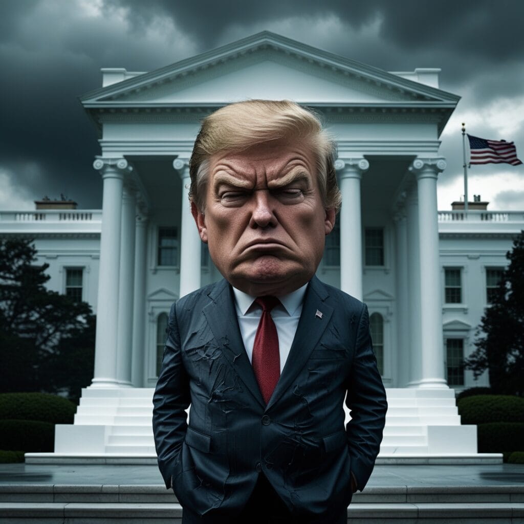 Donald Trump mit Fratze vor dem Weissen Haus.